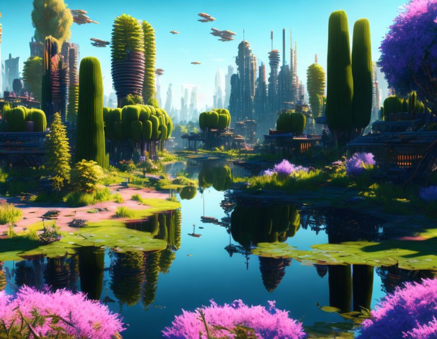 Futuristic cityscape with organic skyscrapers and lush greenery