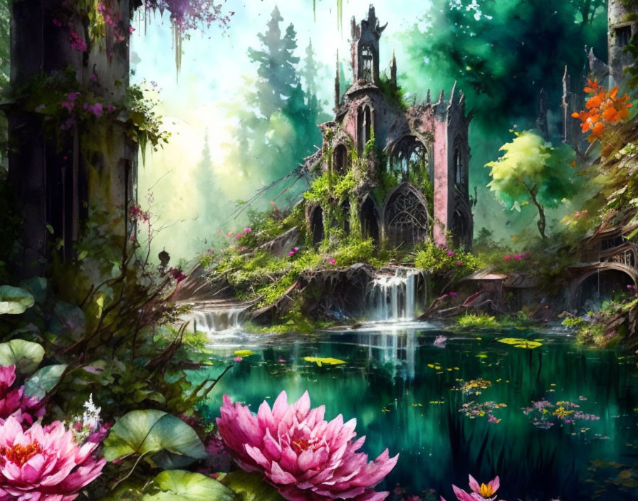 Ethereal fantasy landscape with abandoned gothic structure and waterfalls