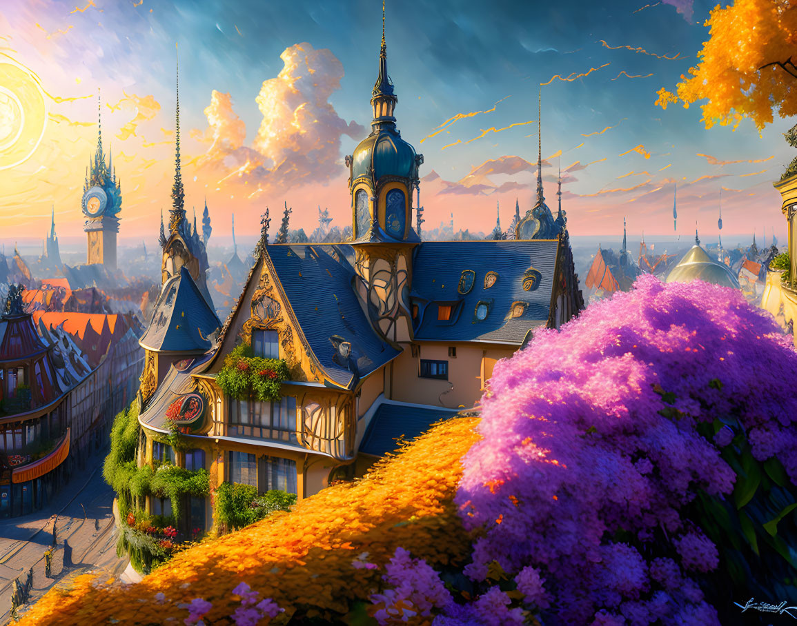 Fantasy cityscape with clock tower, vibrant buildings, blooming foliage, sunset sky