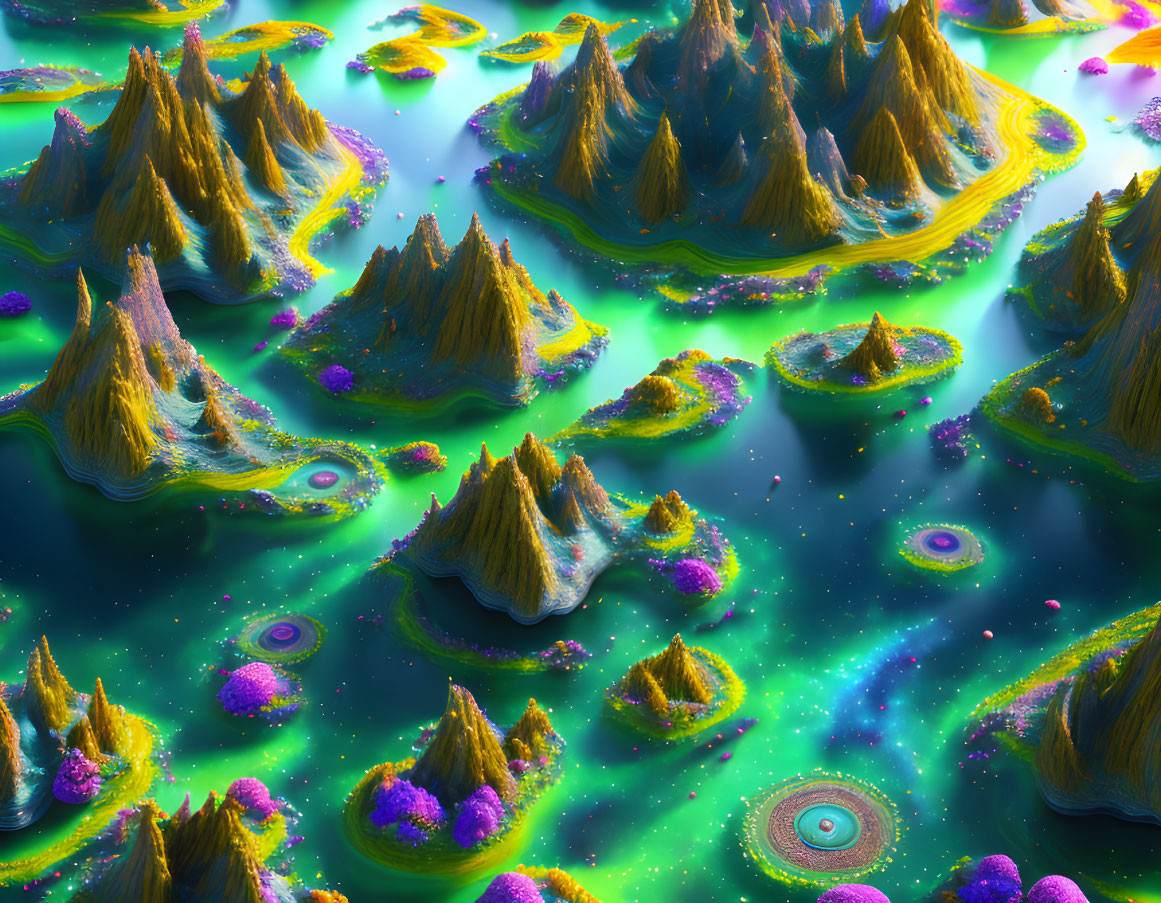 Fantastical landscape with neon water and golden islands