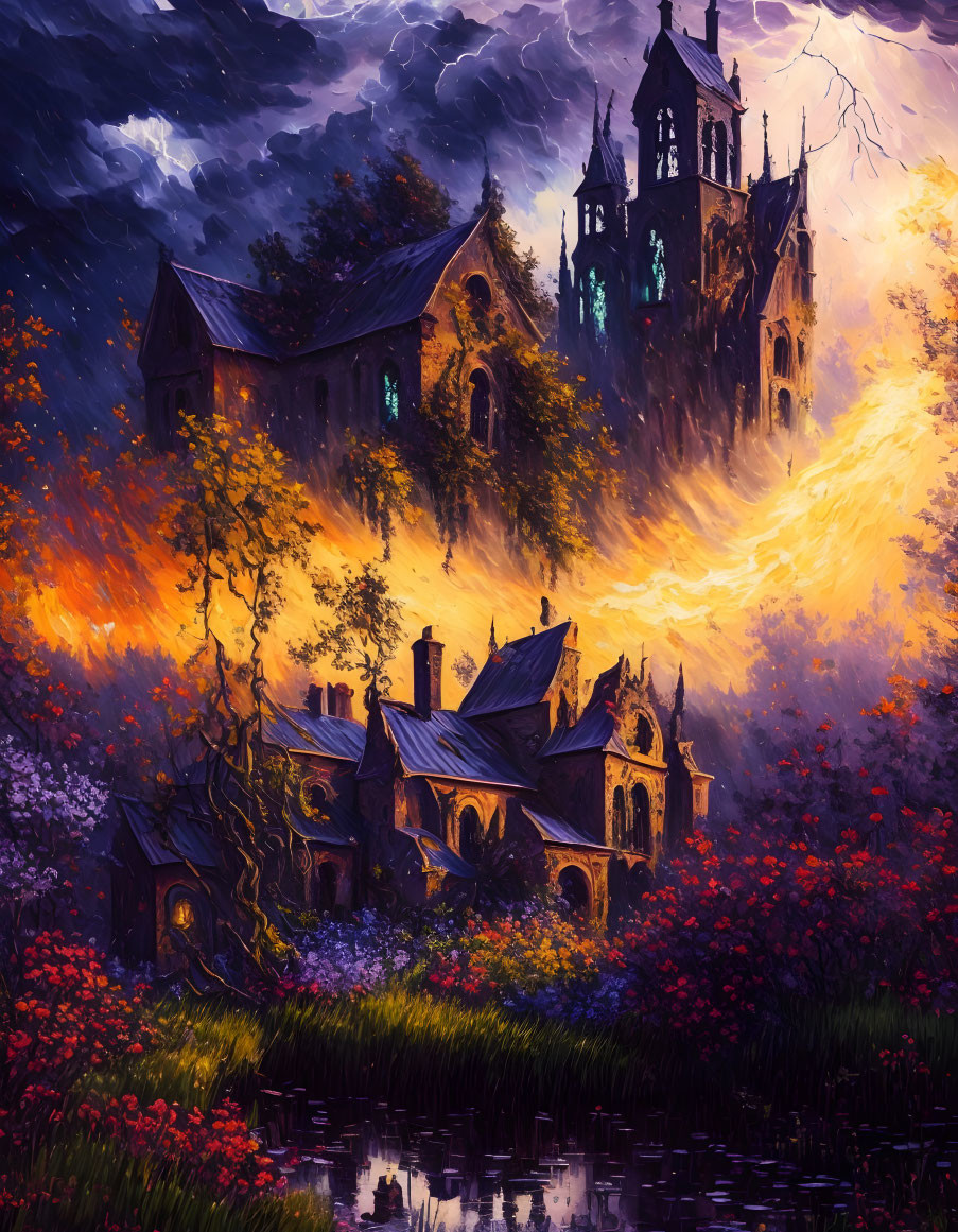 Abandoned gothic-style manor in fiery foliage and dark sky