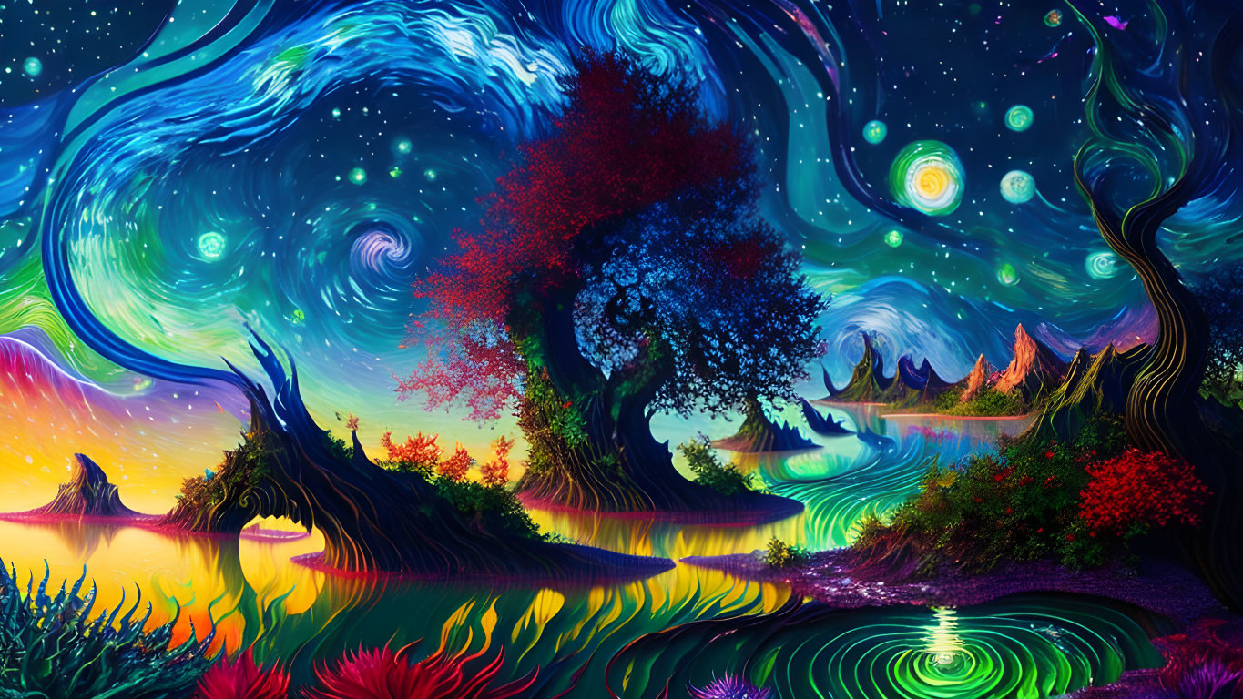 Colorful Tree and Swirling Skies in Psychedelic Landscape