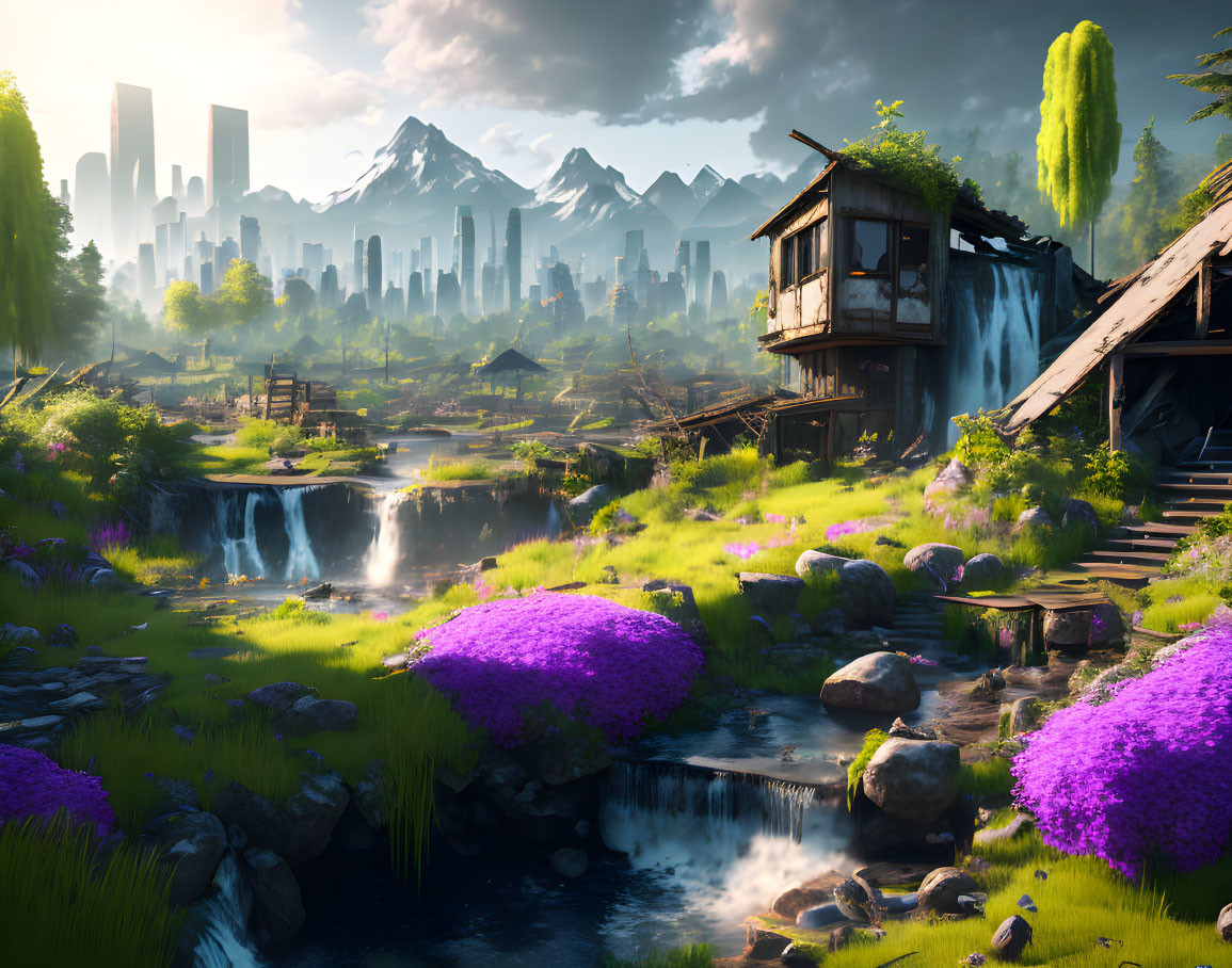 Tranquil landscape with dilapidated house, stream, purple flowers, waterfalls, city skys