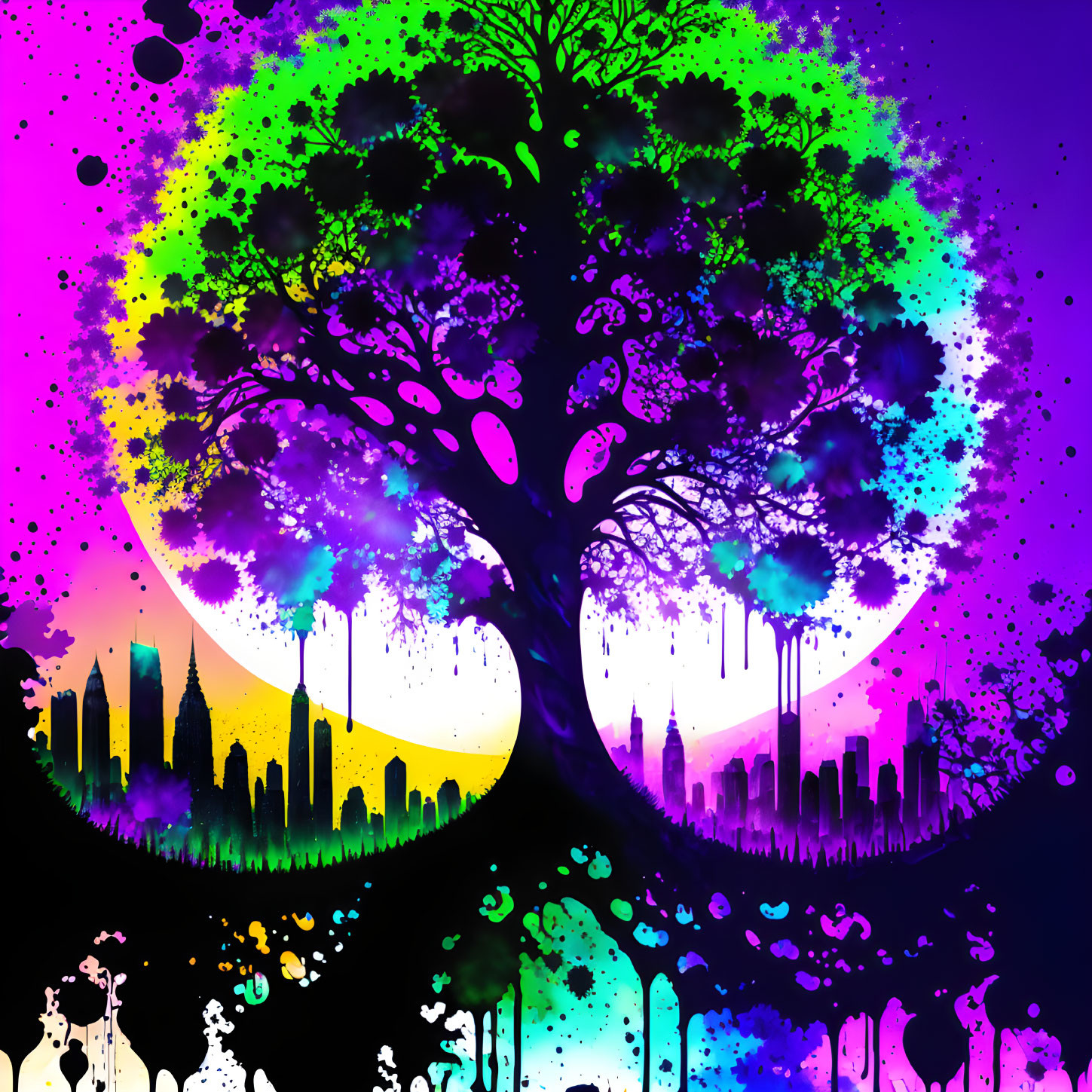 Colorful digital artwork: Tree silhouette with paint splatter on vibrant cityscape-nature background