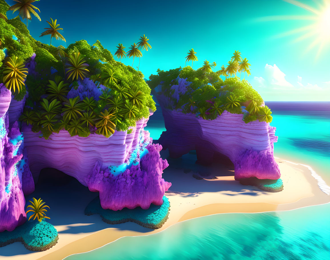 Tropical Beach Scene: Purple and Pink Rock Formations, Lush Greenery