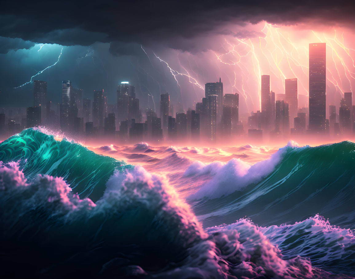 Dramatic night cityscape with skyscrapers, crashing waves, and lightning strikes