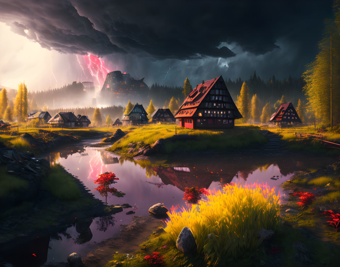 Twilight scene with traditional houses by river under vibrant sky