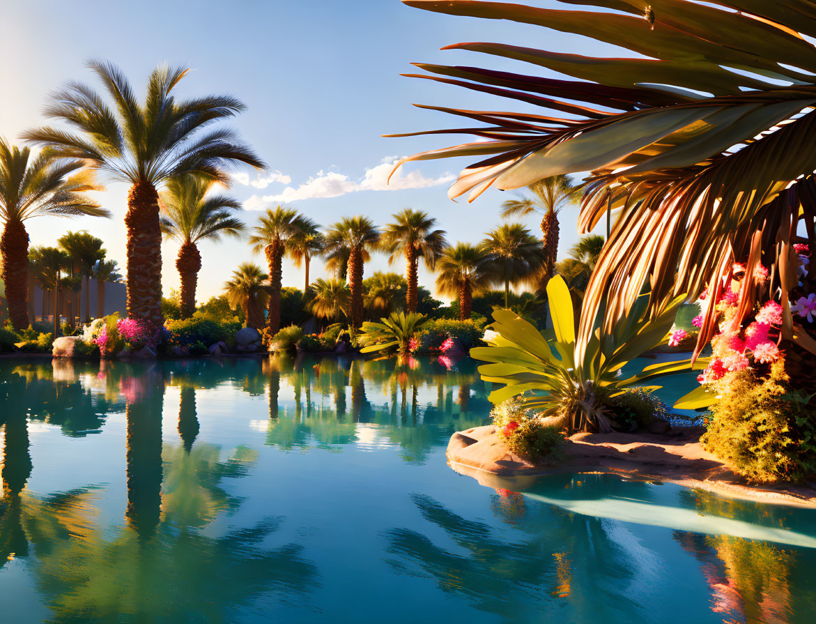 Tranquil tropical pool with palm trees and vibrant flowers