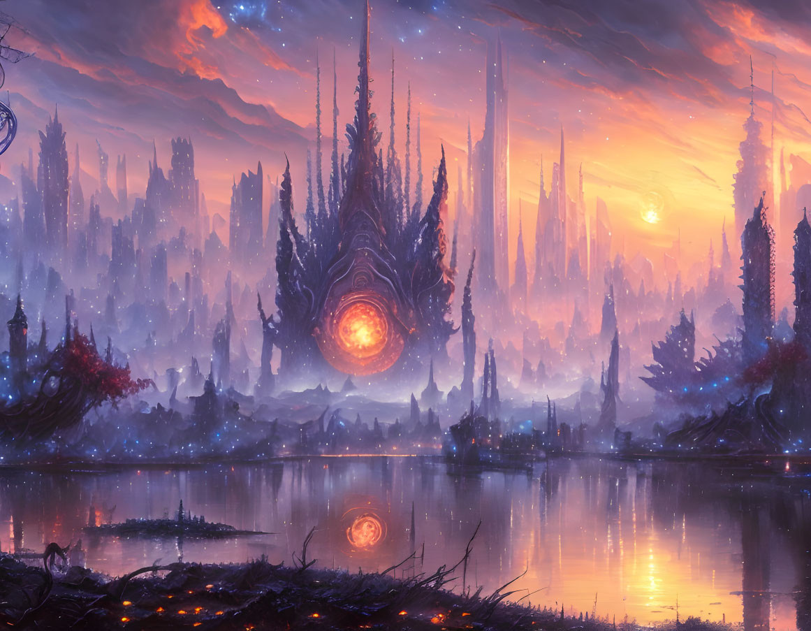 Fantastical landscape with towering spires, glowing orb, water reflections, dusk sky.