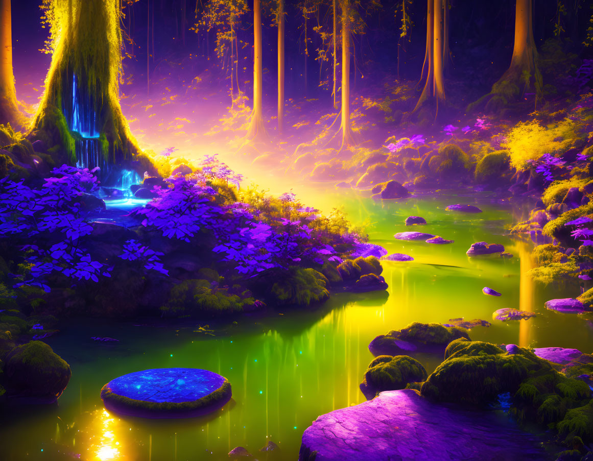 Mystical forest with purple flora, waterfall, and green pond