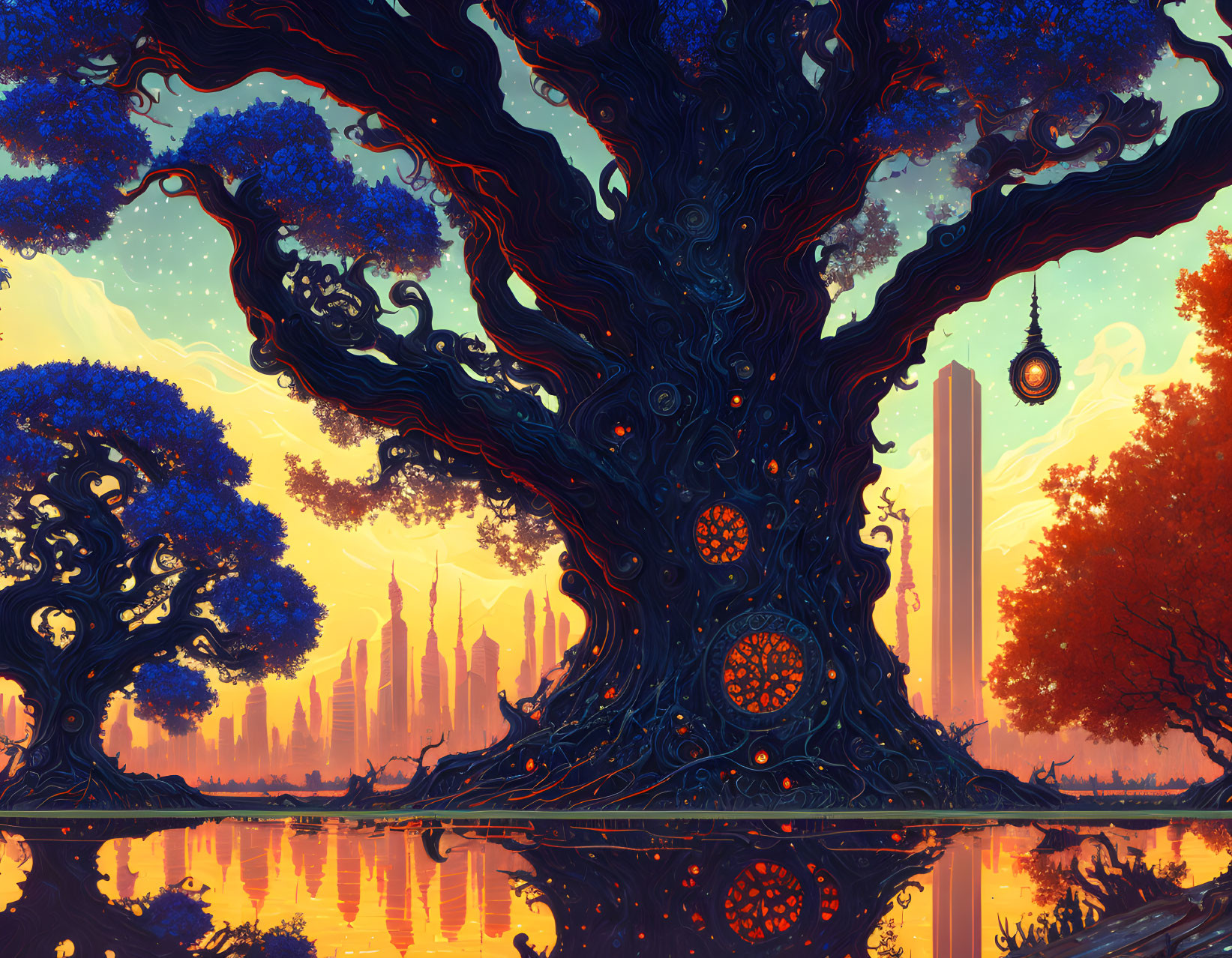 Gigantic fantasy tree overlooking serene lake with city skyline at twilight