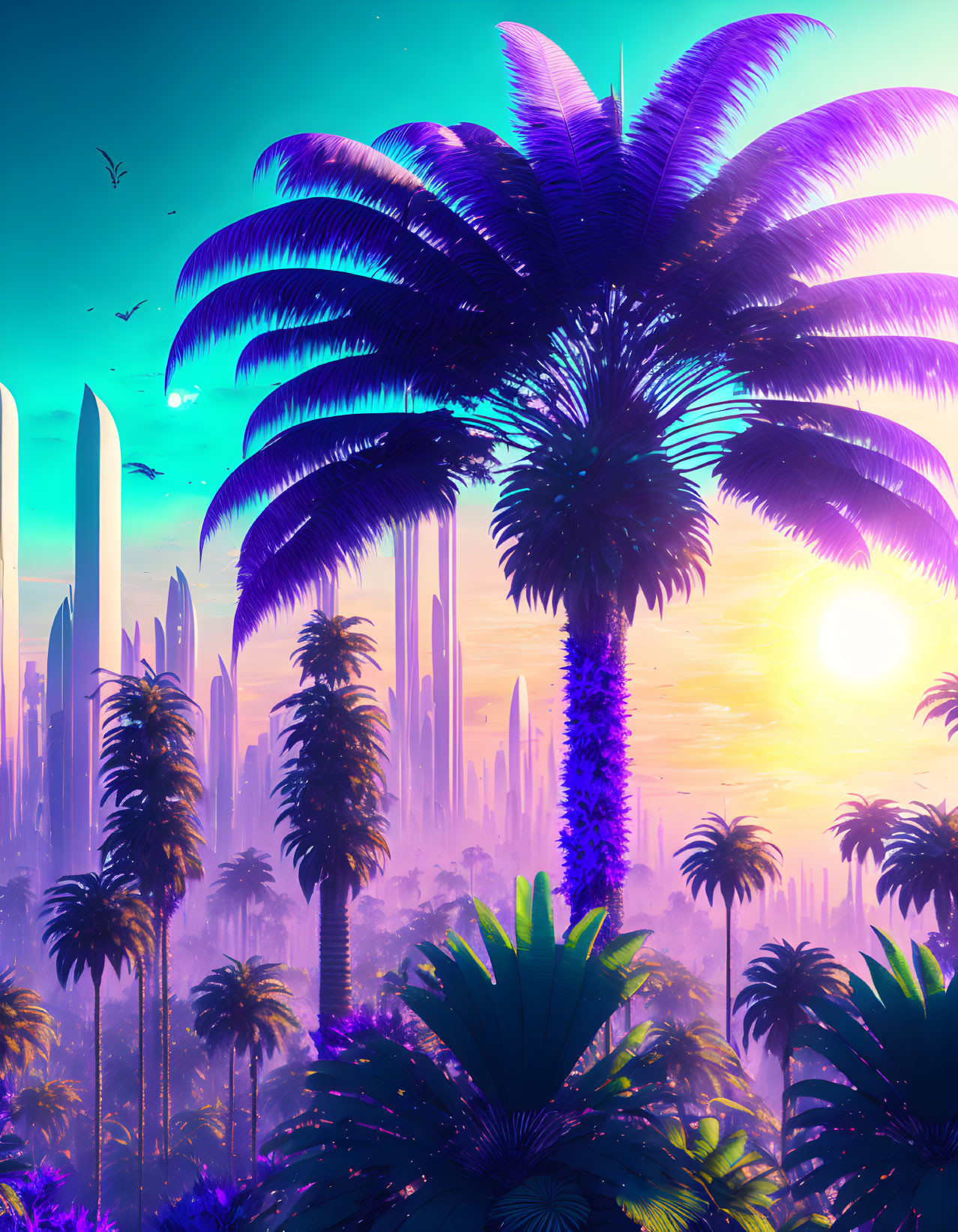 Futuristic cityscape: Vibrant sunset, palm trees, skyscrapers