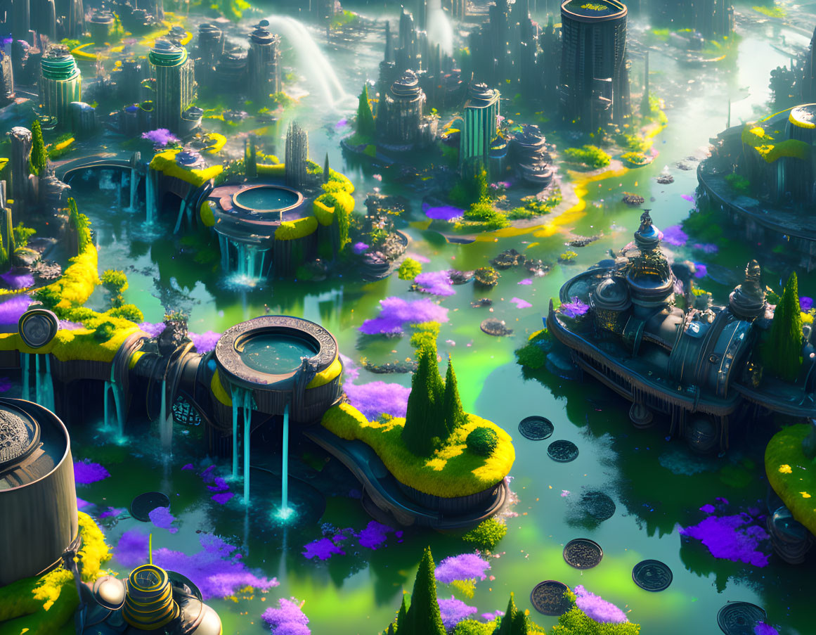 Futuristic Cityscape with Greenery, Purple Flora, Bridges, Towers & Waterfalls