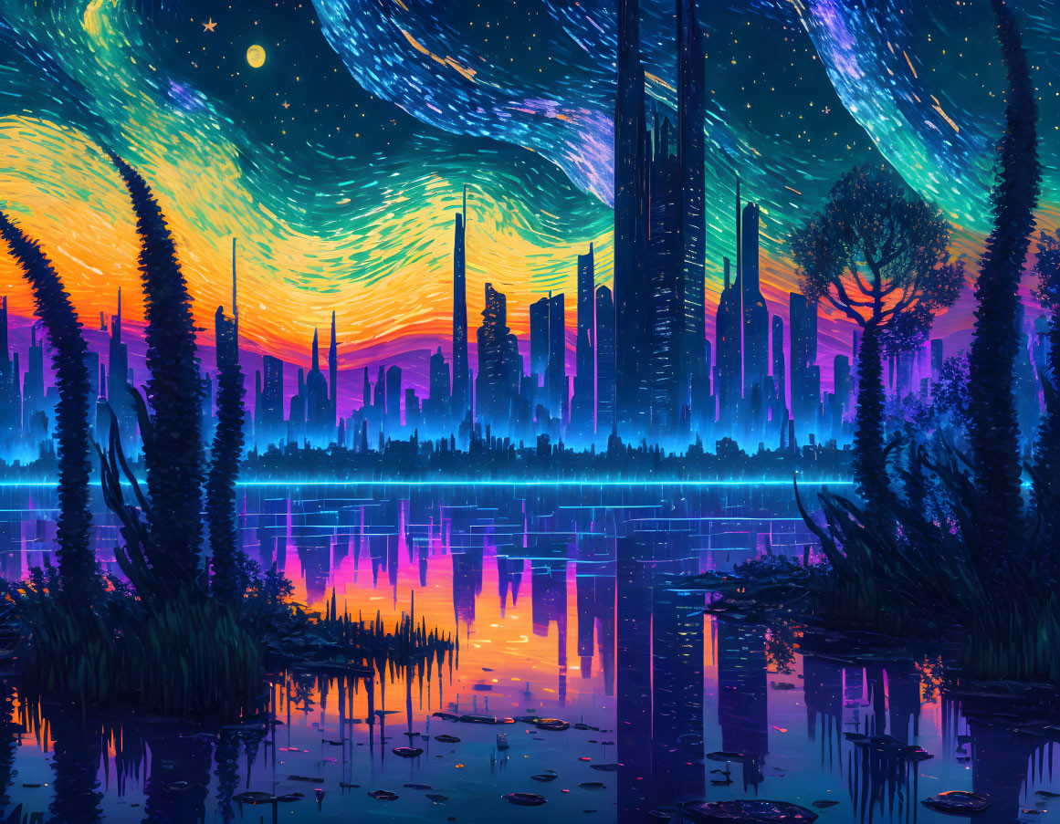 Futuristic cityscape at twilight with neon reflections and lush foliage