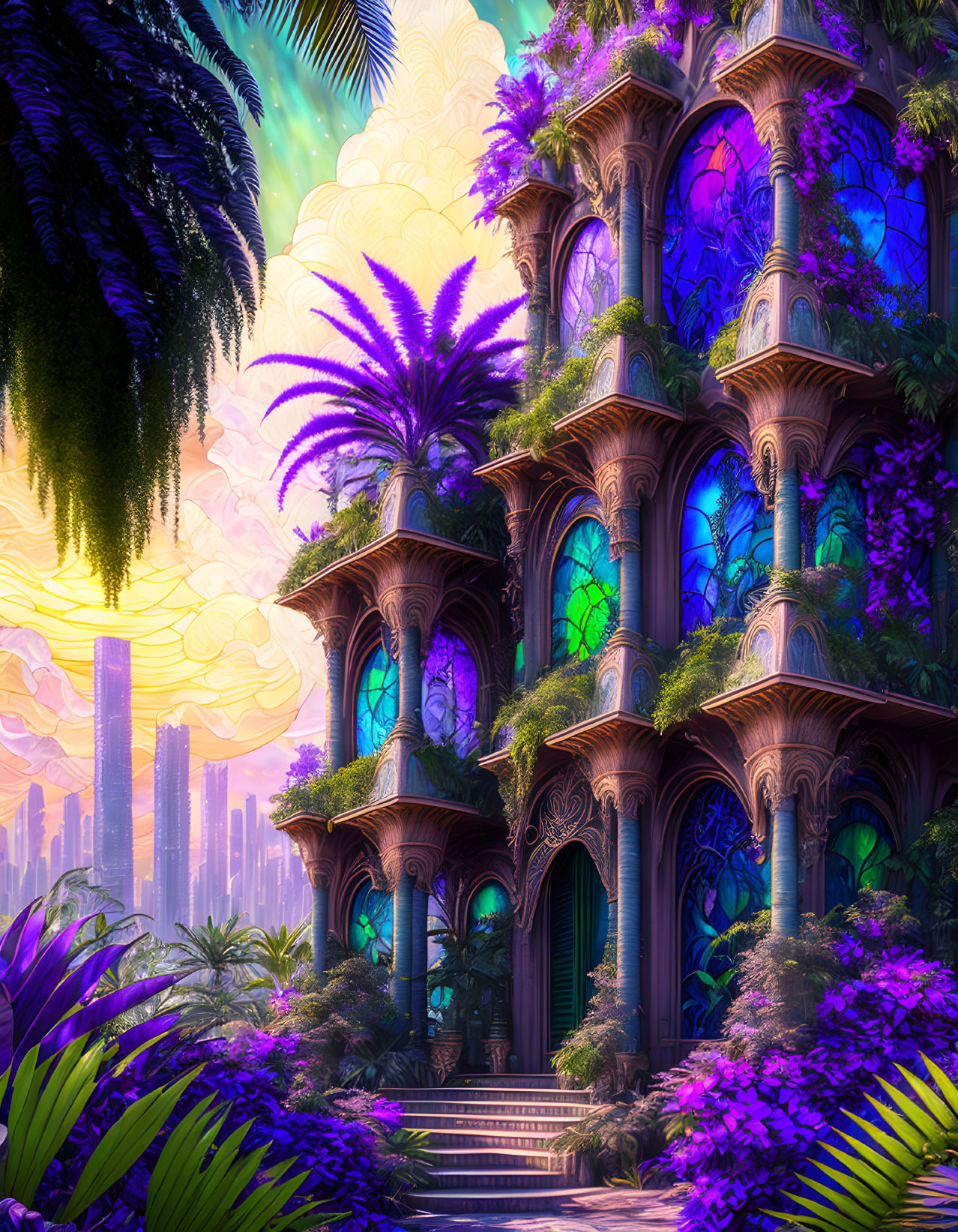 Elaborate treehouse with stained glass windows in lush purple foliage