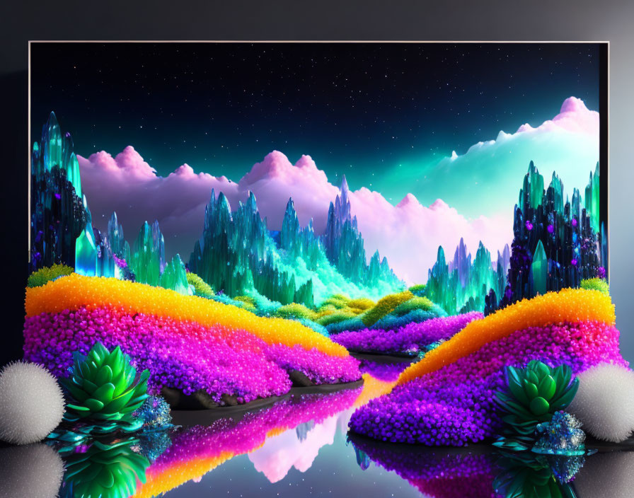 Neon-colored crystal formations on glossy surface with starry night sky