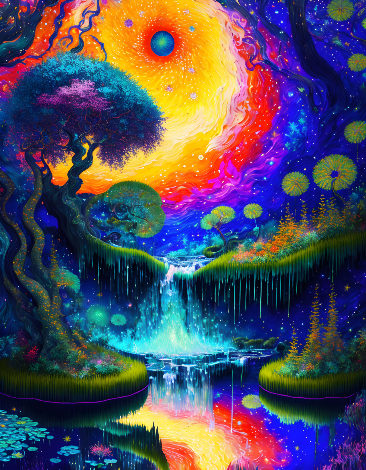 Colorful Psychedelic Landscape with Waterfall and Sunset Sky