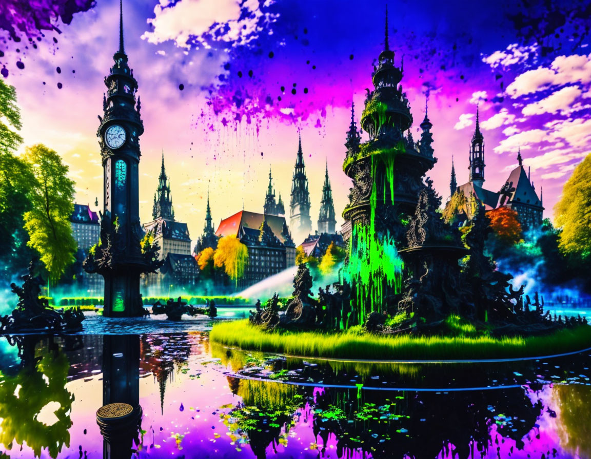 Colorful digitally altered cityscape with clock tower and fountain