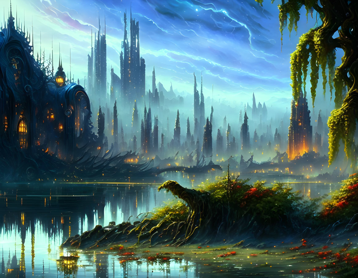 Ethereal fantasy landscape with glowing cityscape by calm lake