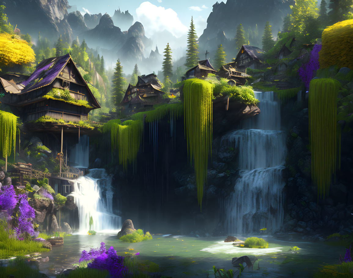 Tranquil landscape with waterfalls, traditional houses, lush greenery, flowers, and deer.