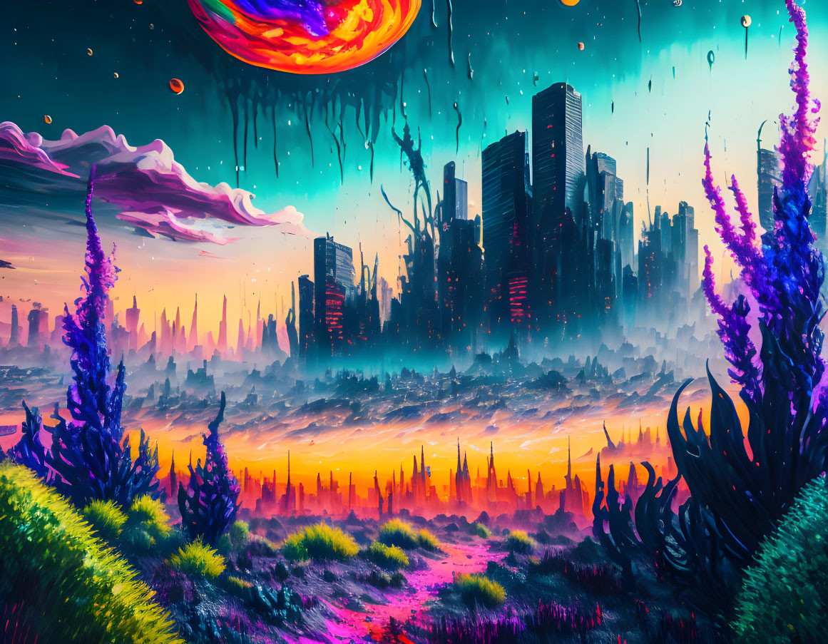 Futuristic landscape with purple flora, neon skies, city silhouette