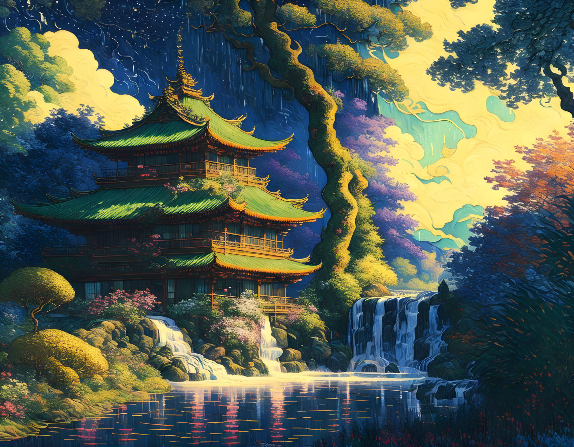 Colorful Pagoda by Waterfall in Mystical Forest