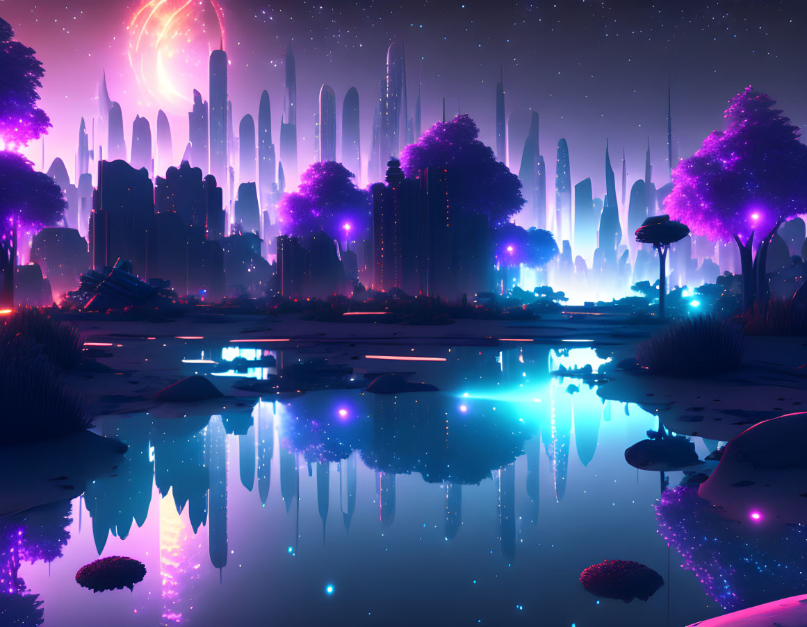 Futuristic sci-fi cityscape: vibrant neon towers at night