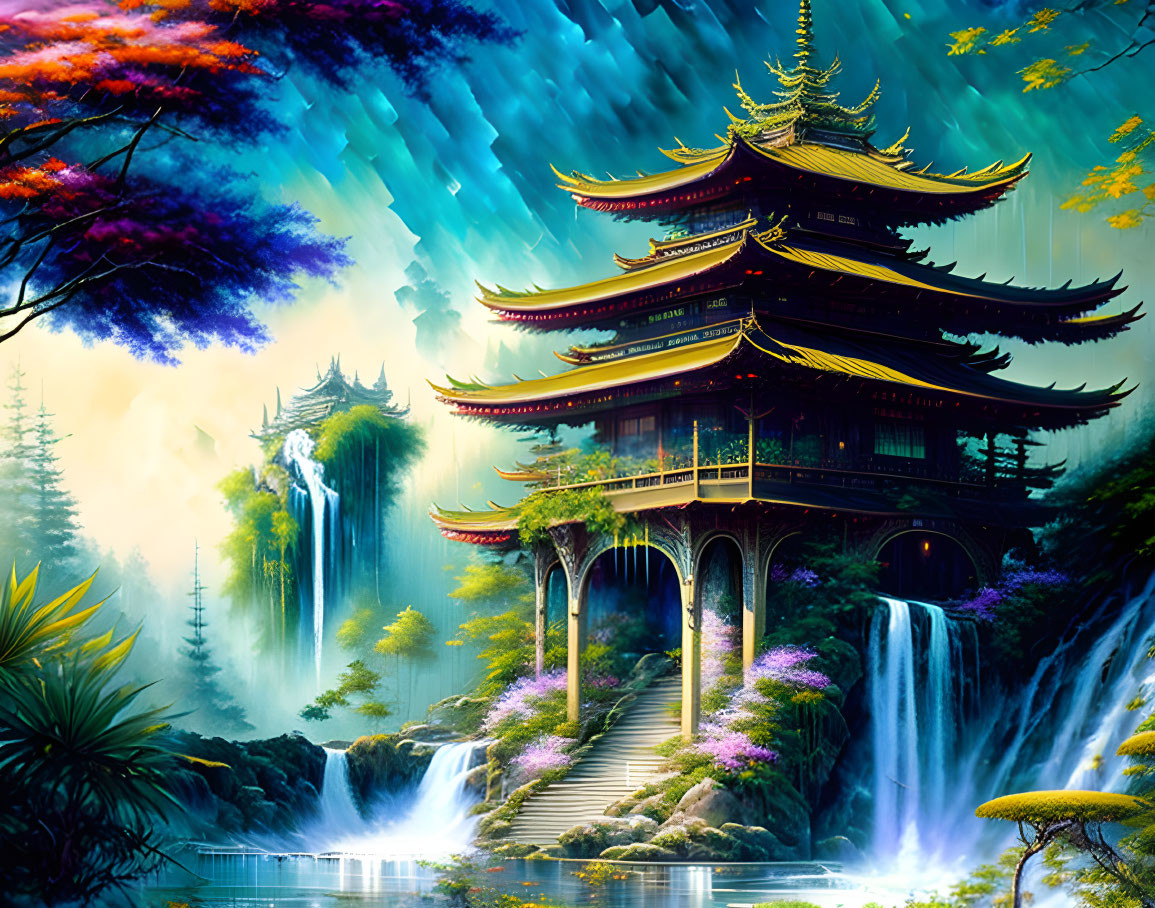 Mythical pagoda with multiple eaves in vibrant landscape