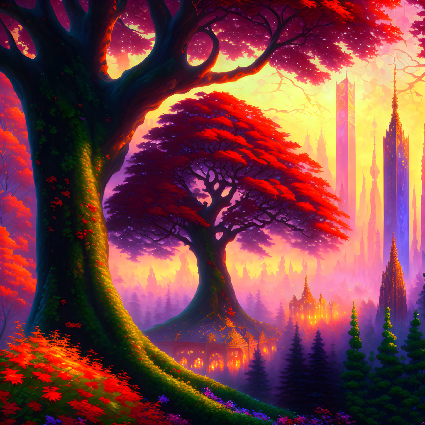 Luminescent Fantasy Forest with Towering Trees & Sunset Backdrop