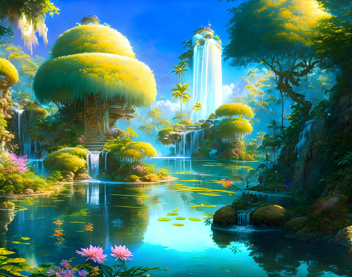 Lush, vibrant fantasy landscape with waterfalls and serene lake