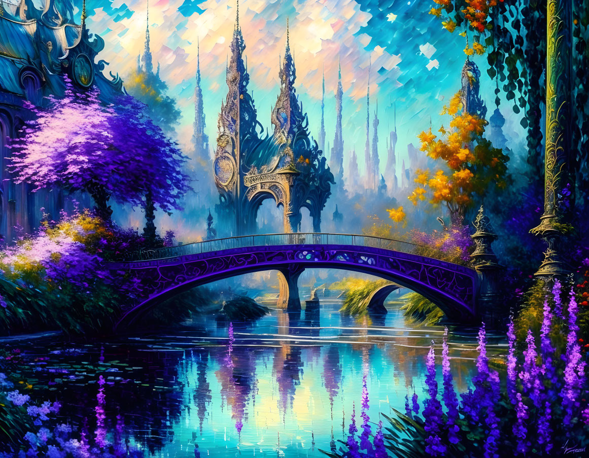 Colorful Fantasy Landscape with Decorative Bridge and Mirror-like Pond