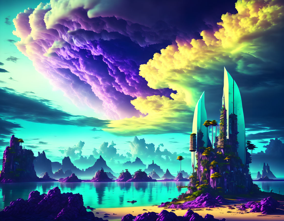 Vivid Fantasy Landscape with Crystalline Structures & Purple Sky