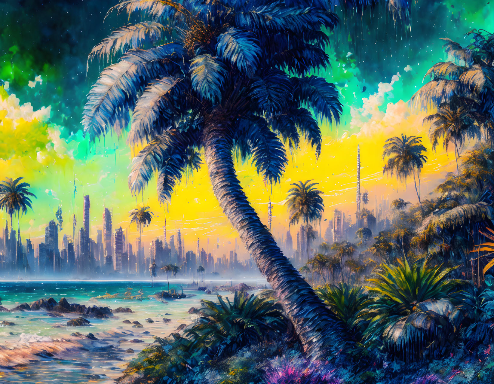 Tropical Beach Scene with Palm Trees and Futuristic City Skyline at Dusk