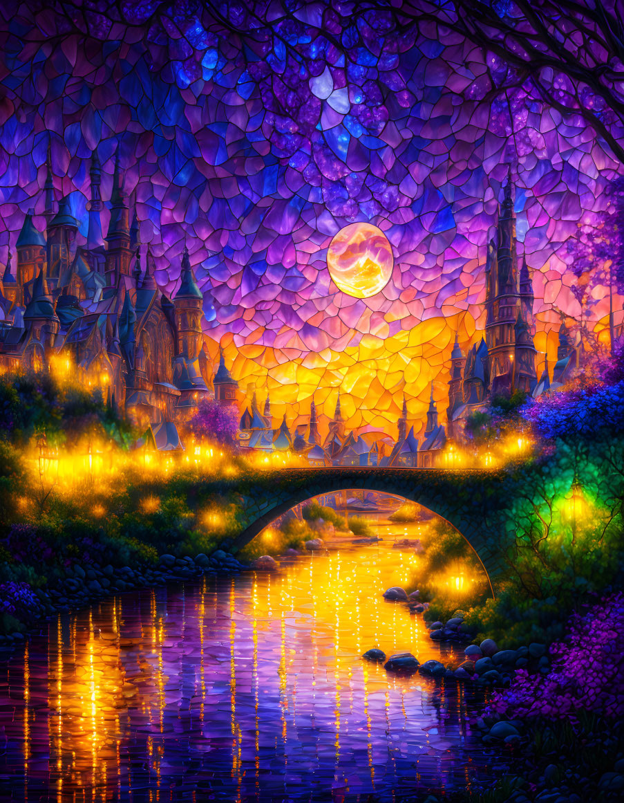 Vibrant fantasy cityscape with glowing architecture under starry sky