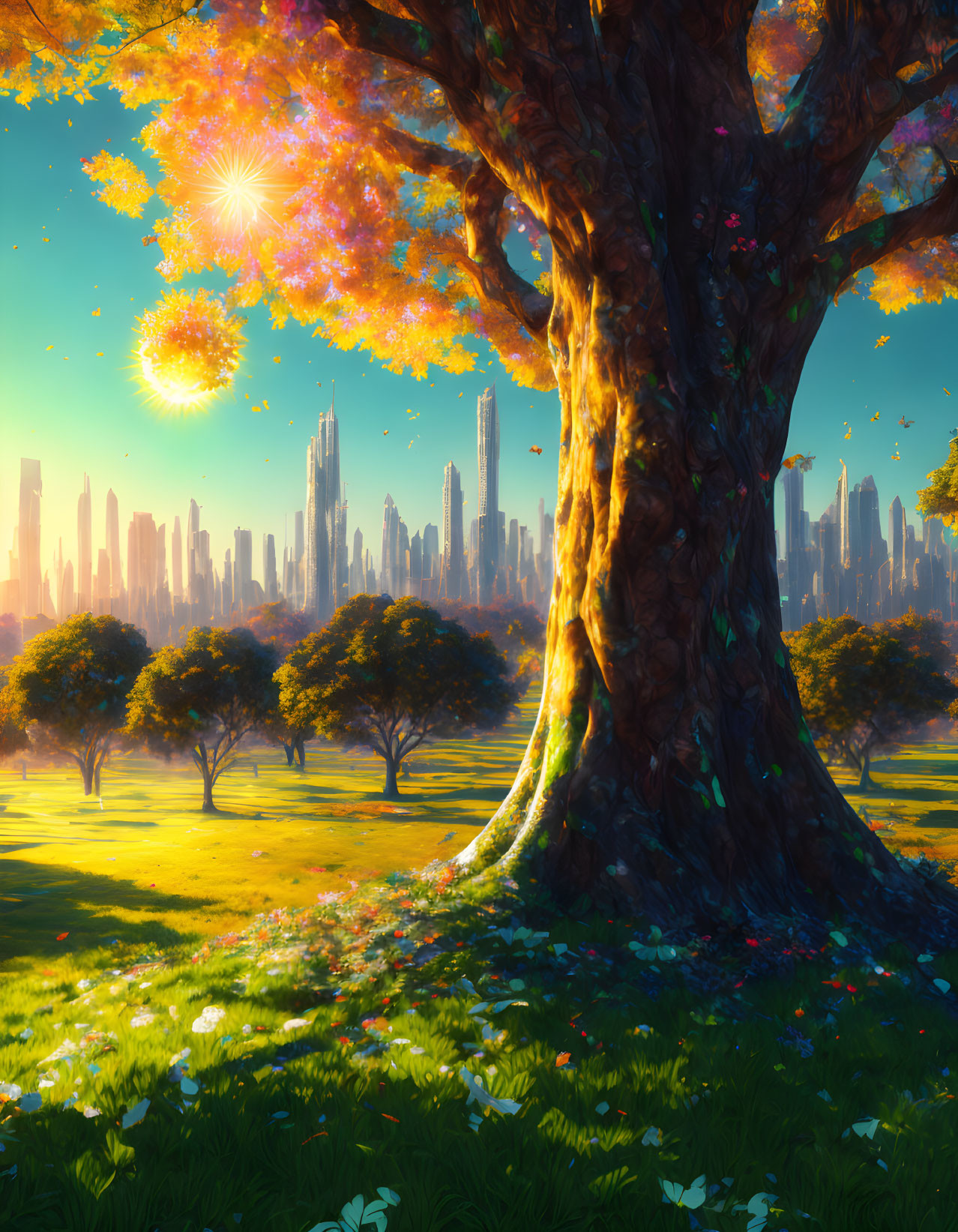 Colorful futuristic cityscape overlooking sunlit park with majestic tree