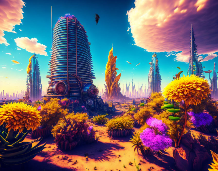 Colorful futuristic cityscape with skyscrapers, lush flora, and surreal sky