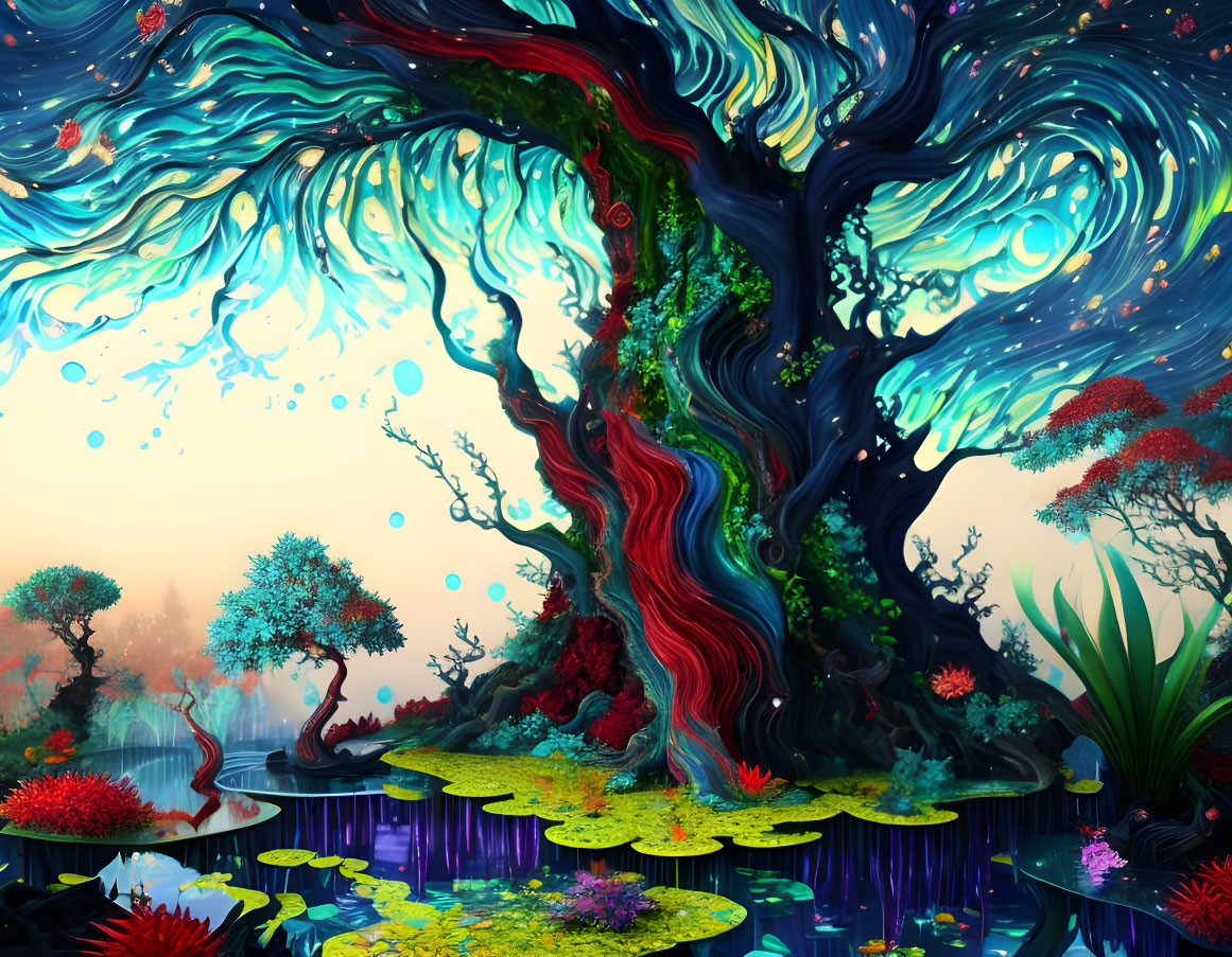 Colorful surreal landscape with twisted tree, fantastical flora, neon water reflections.