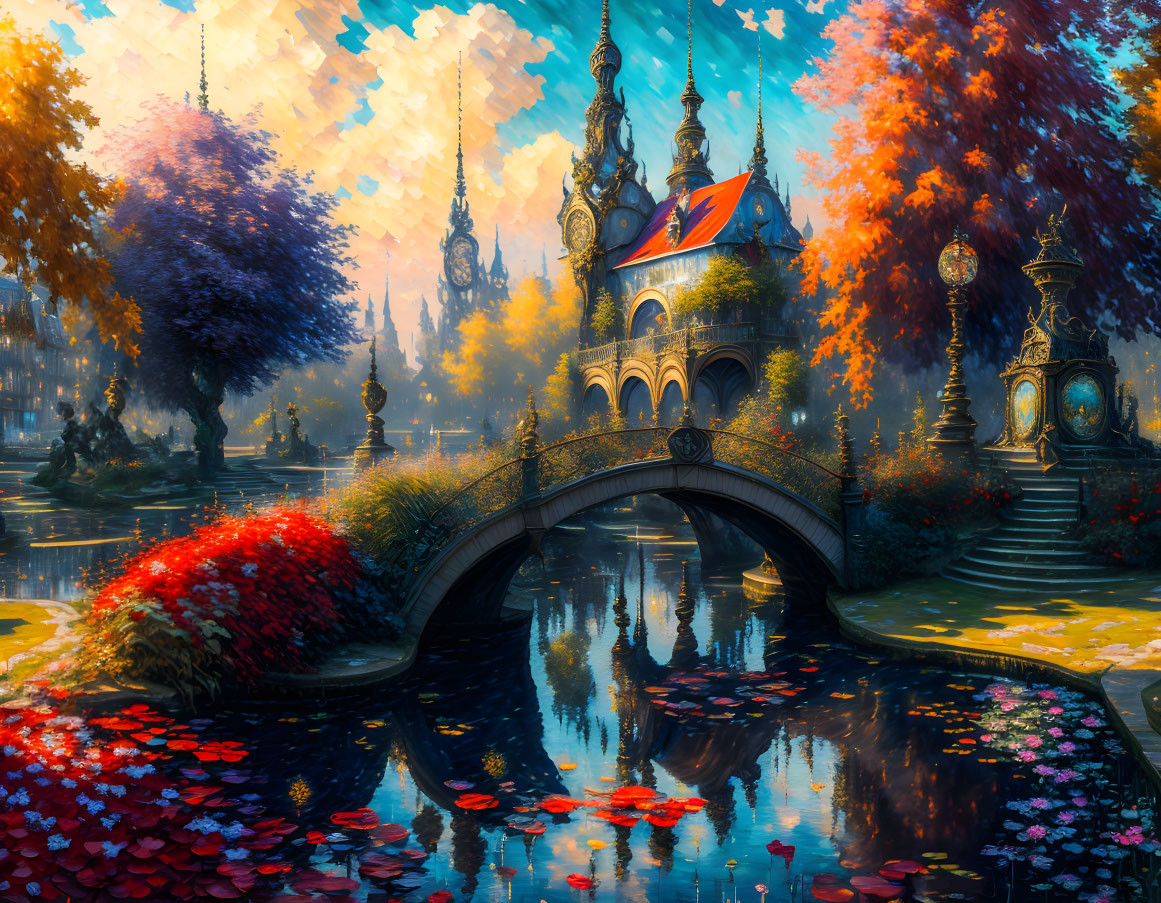 Vibrant castle in autumn scene with arched bridge and colorful trees