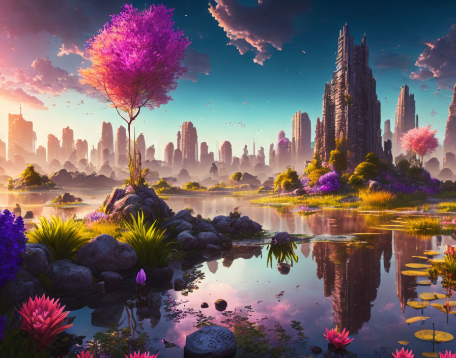 Serene lake with water lilies, lush flora, pink tree, and distant spires in fantasy