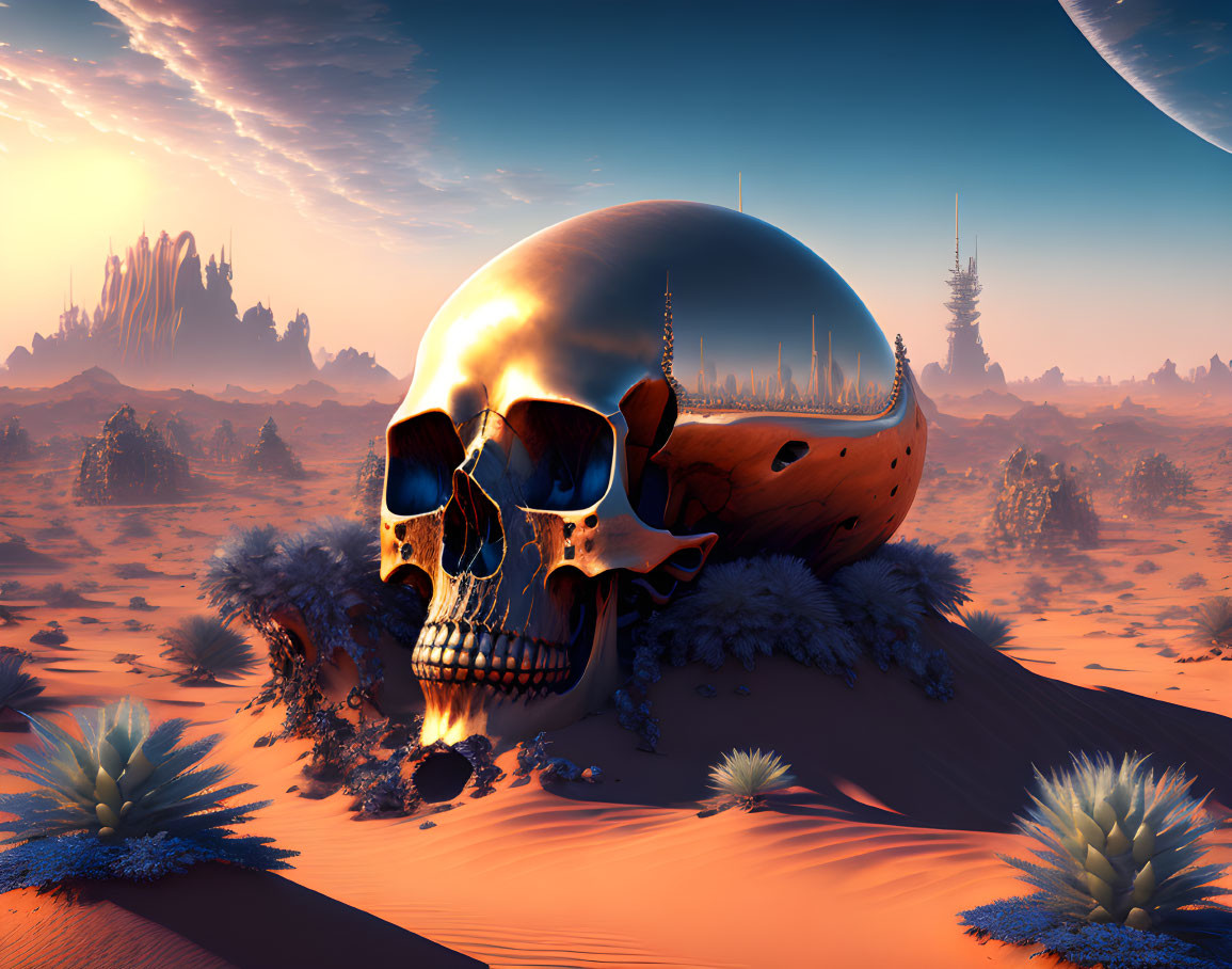 Surreal landscape with giant skull, futuristic city, desert backdrop, alien flora