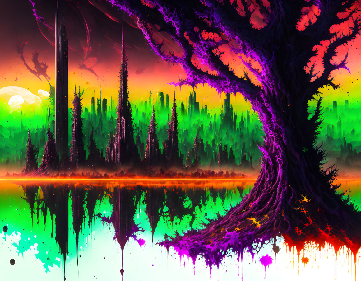 Colorful surreal landscape with purple tree, neon green forest, and orange sky on glossy surface