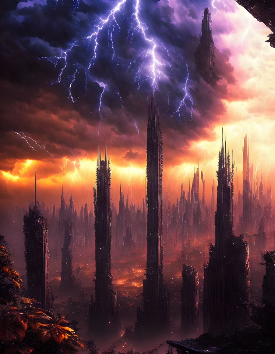 Fantasy landscape with towering spires under stormy sky lit by lightning