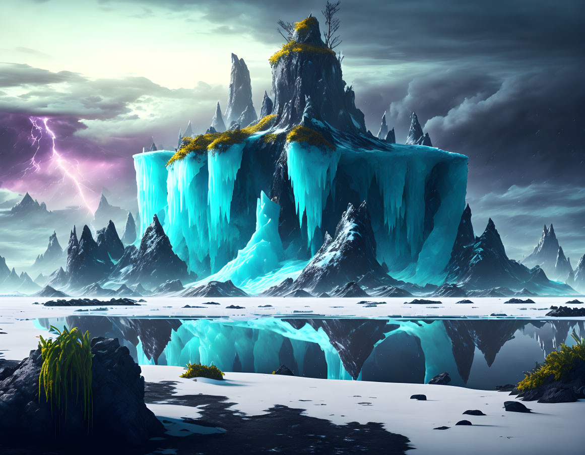 Mystical floating island with waterfalls, icy cliffs, lush summit, stormy sky, and