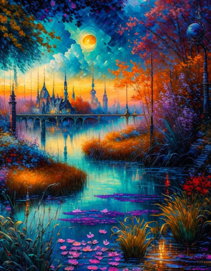 Fantasy landscape painting with moonlit sky, bridge, river, lily pads, and castle