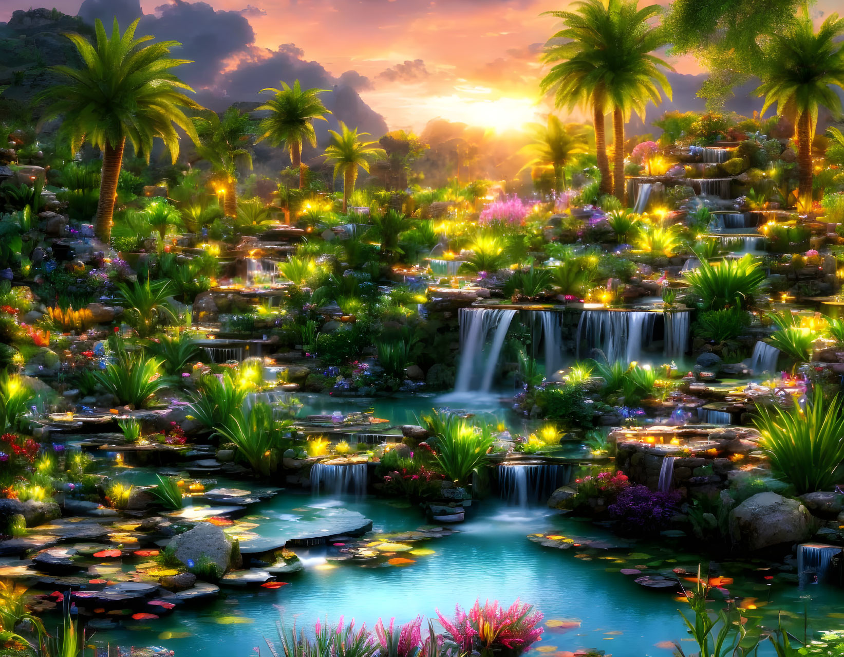 Tropical Paradise: Lush Vegetation, Waterfalls, Pools, Flowers at Sunset