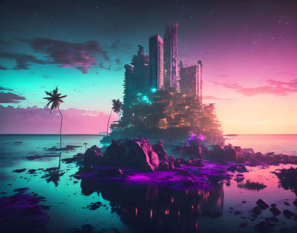 Futuristic cityscape on island with high-rise buildings and palm trees at twilight