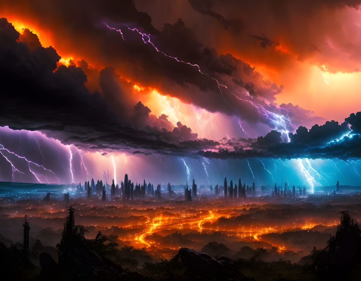 Apocalyptic landscape with lightning storms, lava rivers, and fiery sky