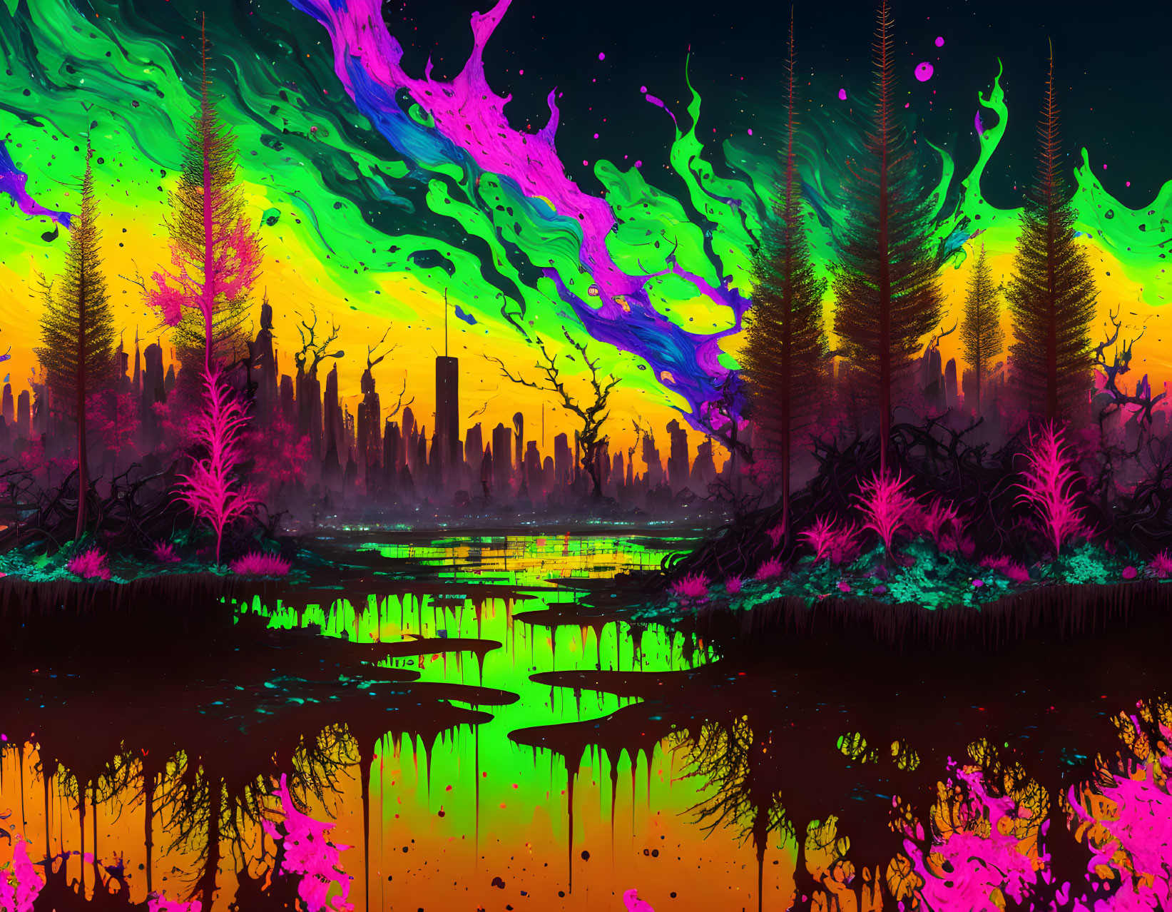 Colorful Neon-Lit Fantastical Landscape with Silhouetted Trees