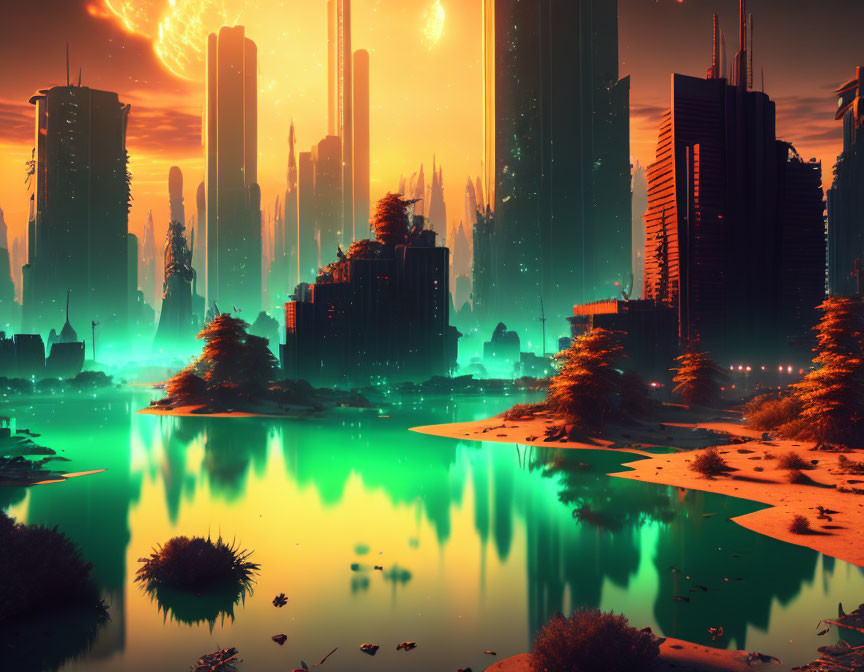 Futuristic cityscape with neon lights, high-rise buildings, alien vegetation, and orange sky