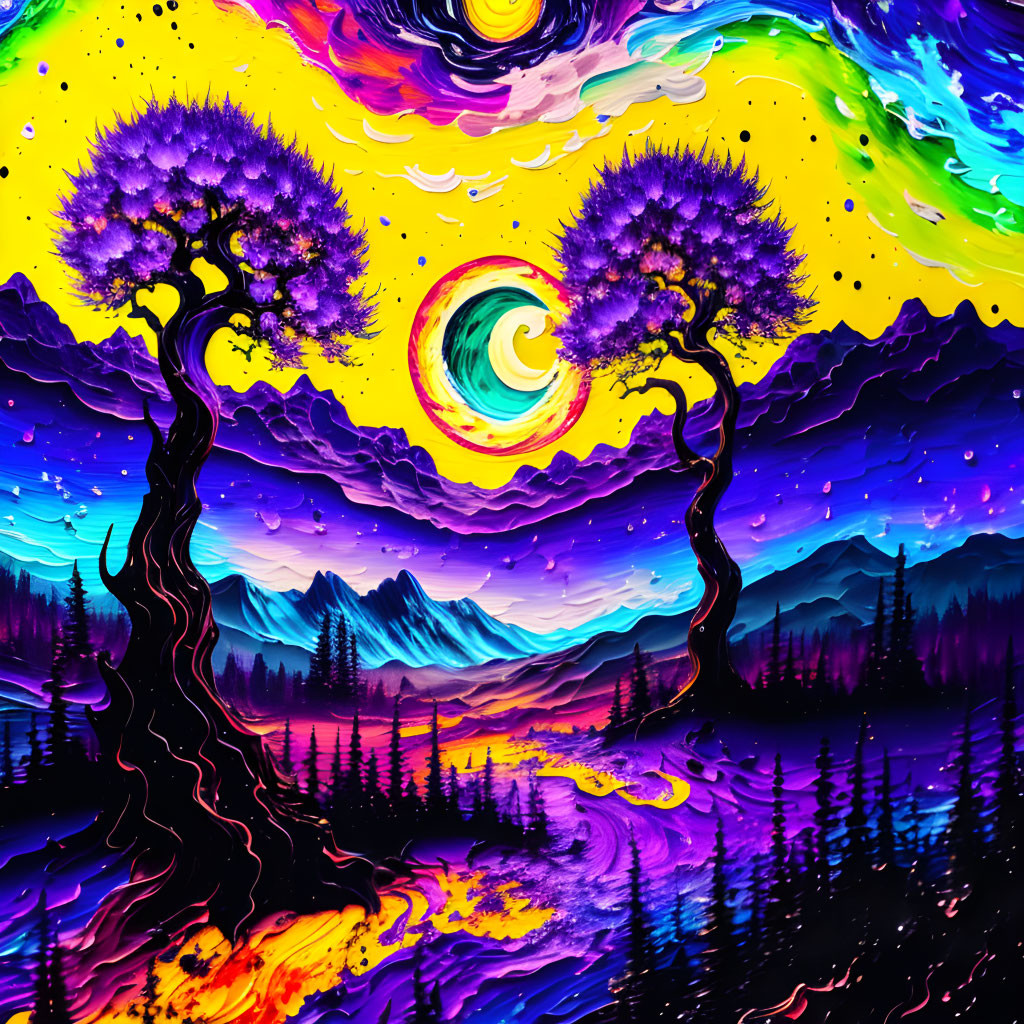 Colorful Psychedelic Landscape with Purple Trees and Crescent Moon